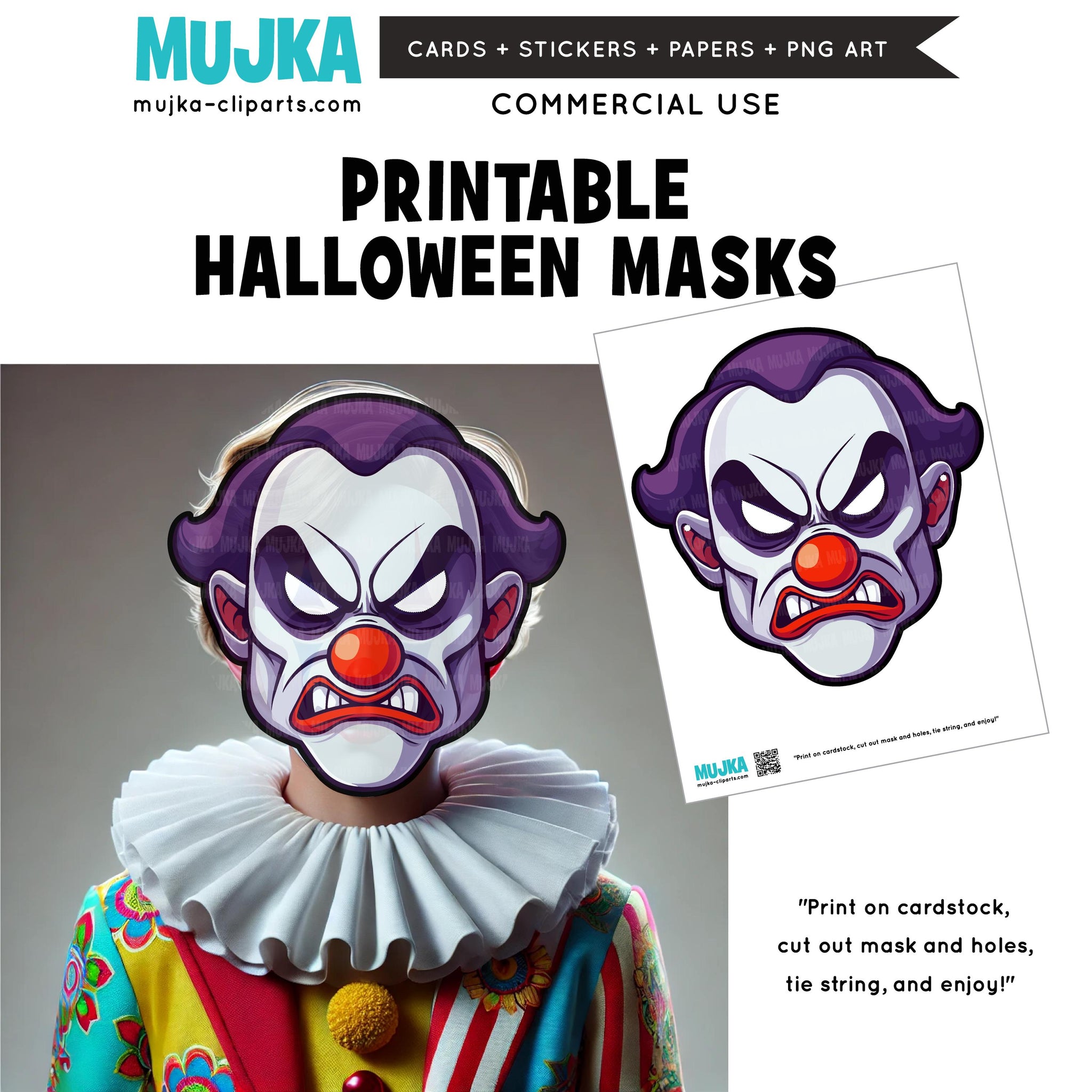 Halloween Mask, Printable Face Mask, Scary Clown mask, Halloween activity, Digital Download games,  Cute paper crafts, digital printable PNG