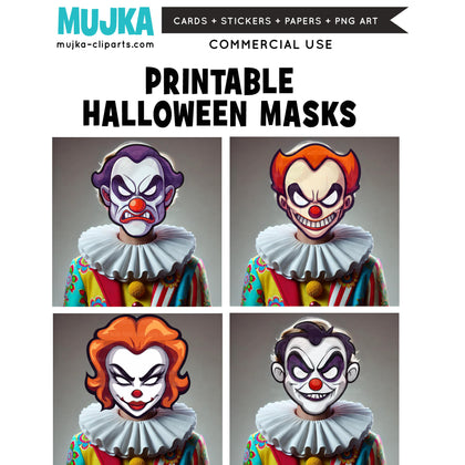 Halloween Mask, Printable Face Mask, Scary Clown mask, Halloween activity, Digital Download games,  Cute paper crafts, digital printable PNG