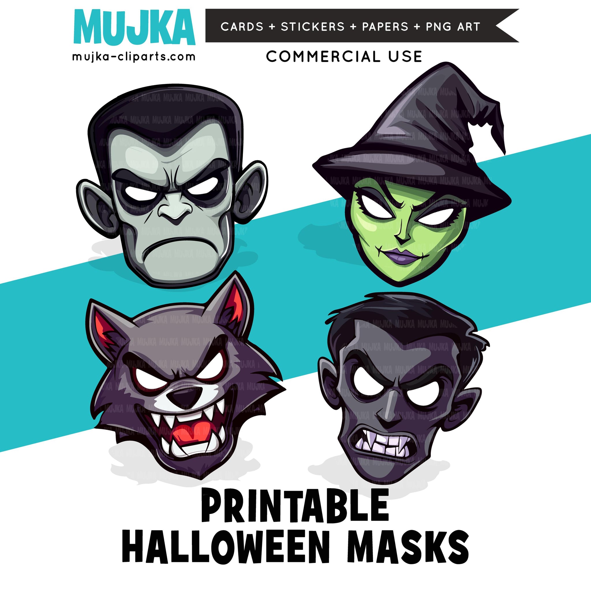 Halloween Mask, Printable Face Mask, witch mask, werewolf mask, vampire mask, Frankenstein mask, papercraft games, digital printable PNG