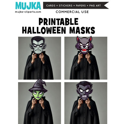 Halloween Mask, Printable Face Mask, witch mask, werewolf mask, vampire mask, Frankenstein mask, papercraft games, digital printable PNG