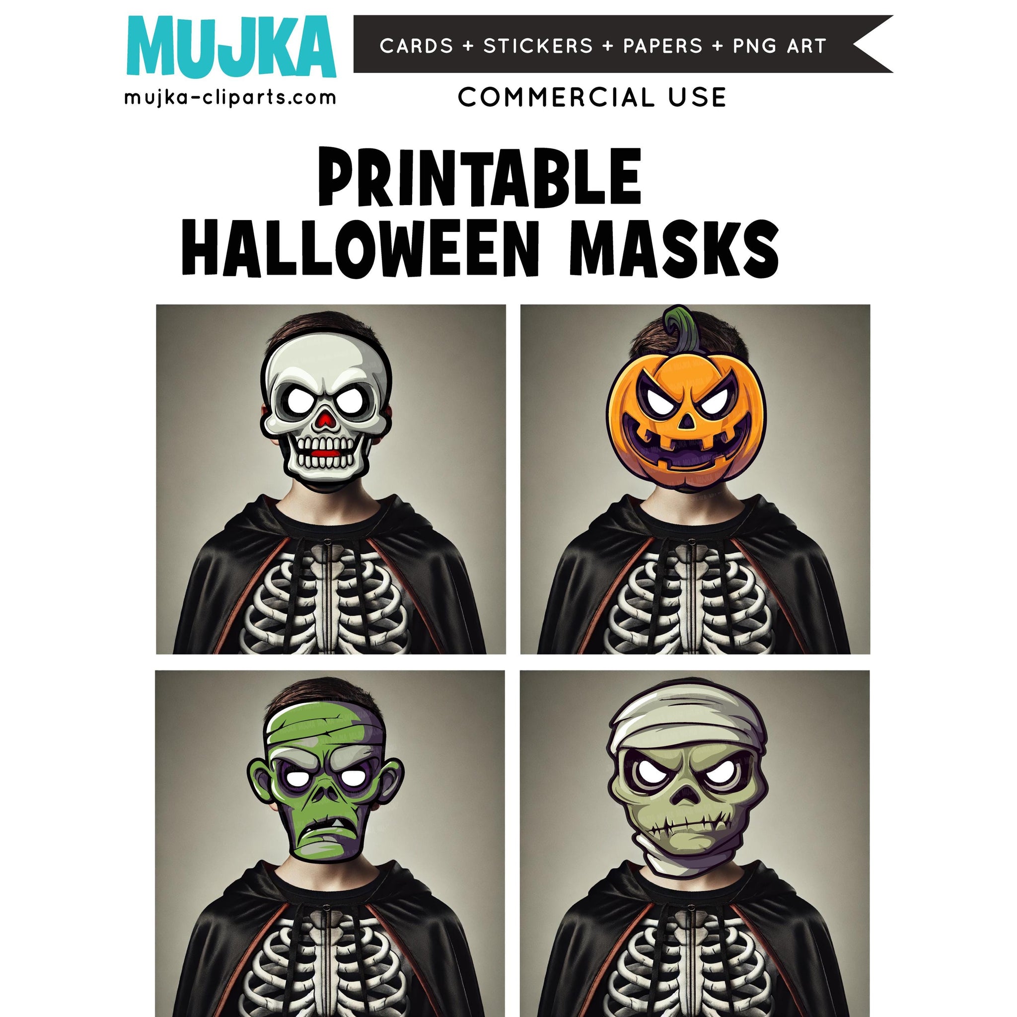 Halloween Mask, Printable Face Masks, skull masks, zombie masks, mummy masks, JackoLantern masks, papercraft games, digital printable PNG