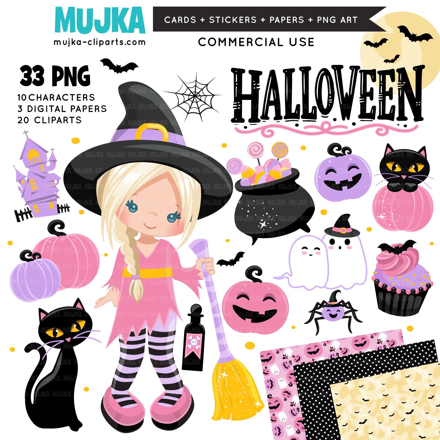 Cute Halloween PNG, DTF print, Halloween witch clipart, Sublimation designs, Halloween bundle, Pastel Halloween, Jackolantern Digital papers