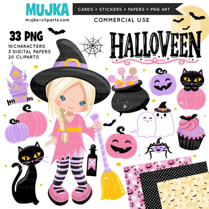 Cute Halloween PNG, DTF print, Halloween witch clipart, Sublimation designs, Halloween bundle, Pastel Halloween, Jackolantern Digital papers