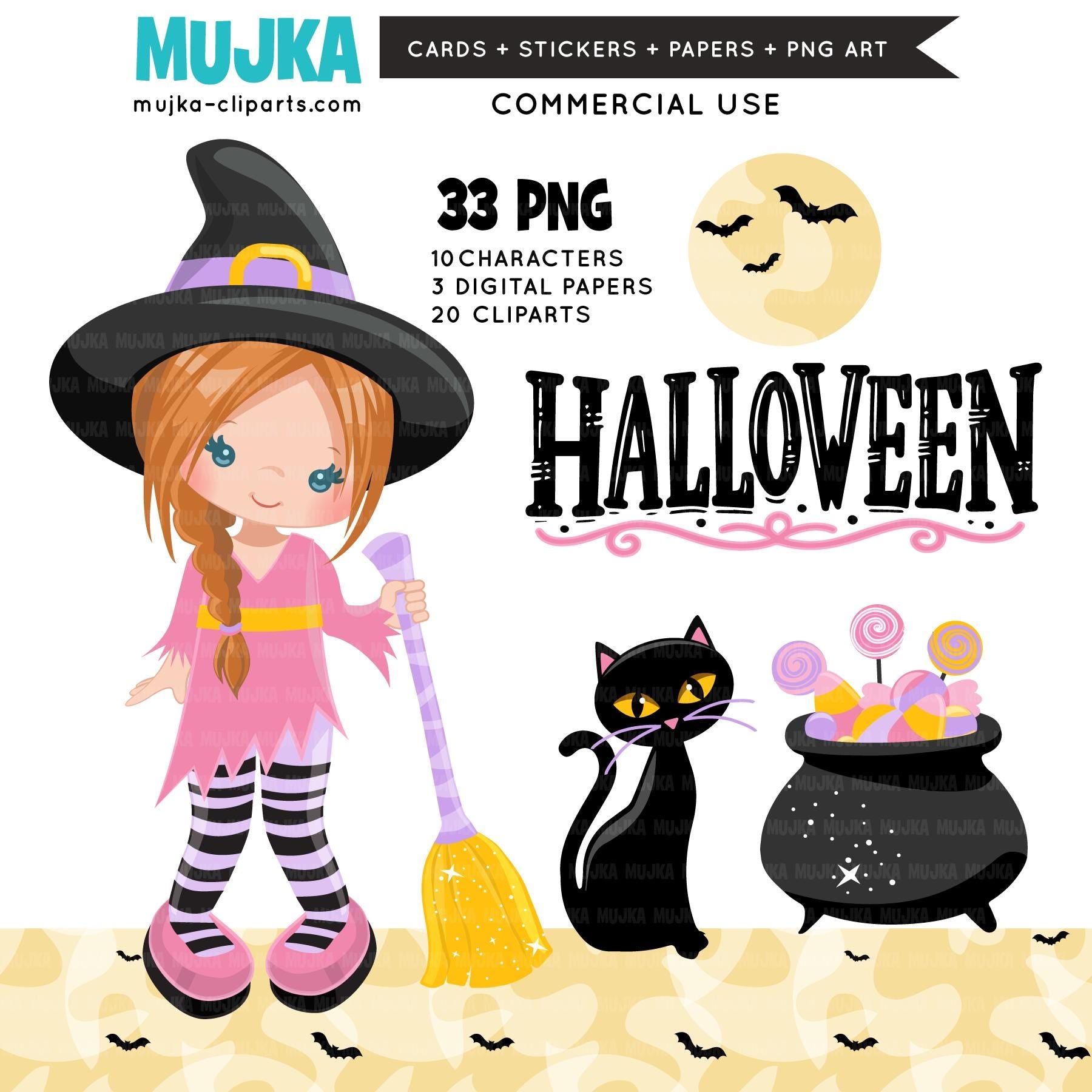 Cute Halloween PNG, DTF print, Halloween witch clipart, Sublimation designs, Halloween bundle, Pastel Halloween, Jackolantern Digital papers