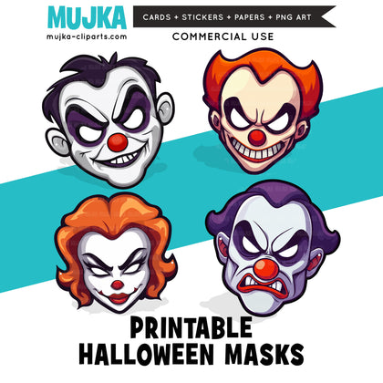 Halloween Mask, Printable Face Mask, Scary Clown mask, Halloween activity, Digital Download games,  Cute paper crafts, digital printable PNG