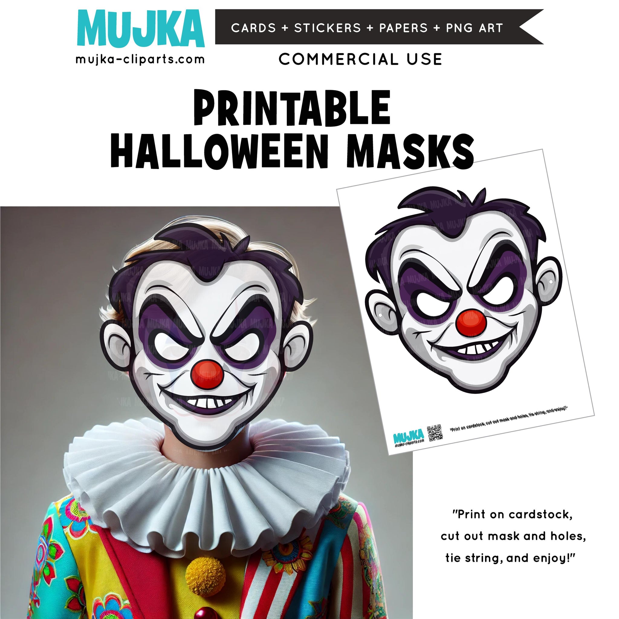 Halloween Mask, Printable Face Mask, Scary Clown mask, Halloween activity, Digital Download games,  Cute paper crafts, digital printable PNG