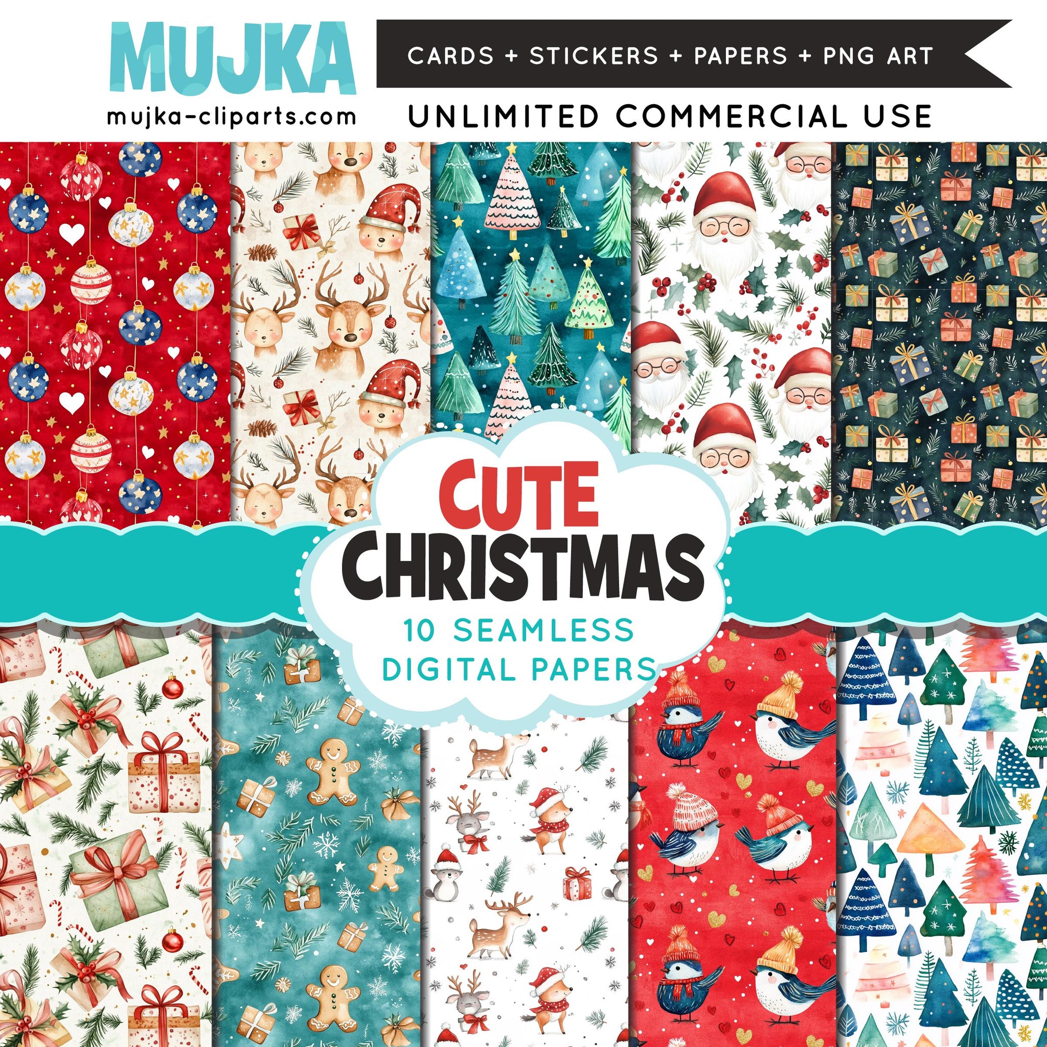 Christmas digital papers, Cute Christmas backgrounds, Santa digital papers, Seamless surface patterns, Whimsical Christmas Scrapbook Papers