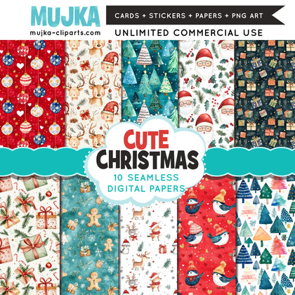 Christmas digital papers, Cute Christmas backgrounds, Santa digital papers, Seamless surface patterns, Whimsical Christmas Scrapbook Papers