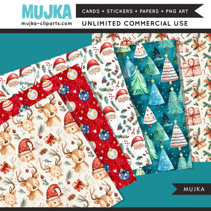 Christmas digital papers, Cute Christmas backgrounds, Santa digital papers, Seamless surface patterns, Whimsical Christmas Scrapbook Papers