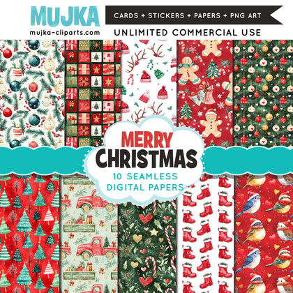 Christmas digital papers, Red and Green Christmas backgrounds, Santa digital papers, Seamless surface patterns, Christmas Scrapbook Papers