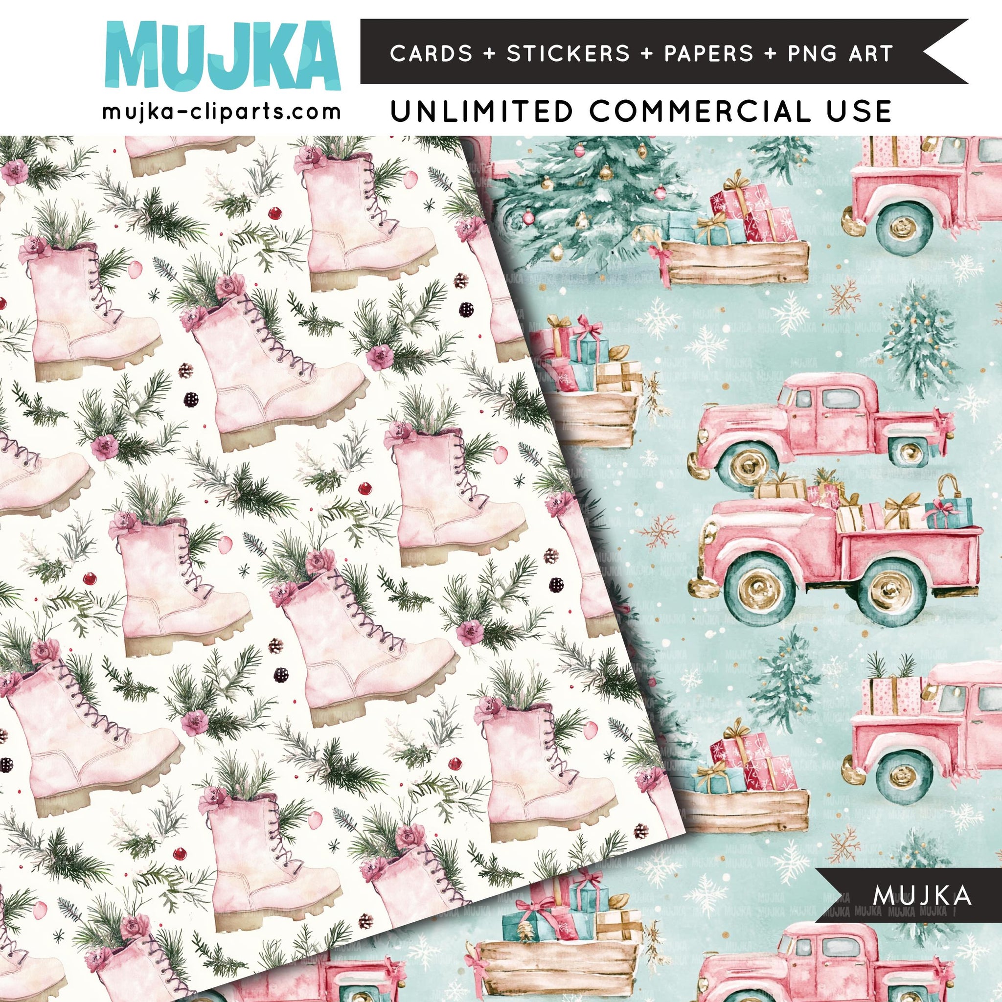 Christmas digital papers, Shabby Pink backgrounds, Santa digital papers, Seamless surface patterns, Whimsical Christmas Scrapbook Papers