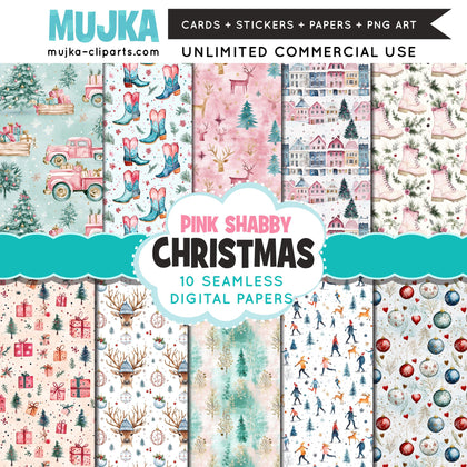 Christmas digital papers, Shabby Pink backgrounds, Santa digital papers, Seamless surface patterns, Whimsical Christmas Scrapbook Papers