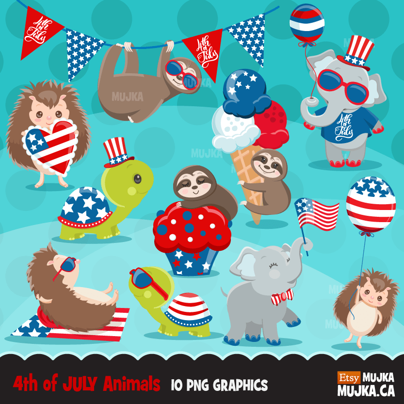 Pacote de clipart do Dia da Independência de 4 de julho. Gráficos fofos de celebração, meninos e meninas, animais