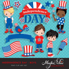 Pacote de clipart do Dia da Independência de 4 de julho. Gráficos fofos de celebração, meninos e meninas, animais