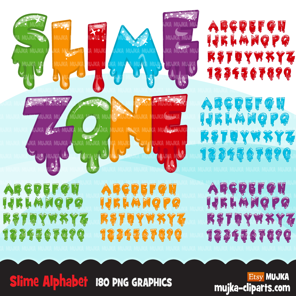 Slime Party clipart Bundle. Collection of cute slime elements, colorful dripping splashes backgrounds and boy girl characters