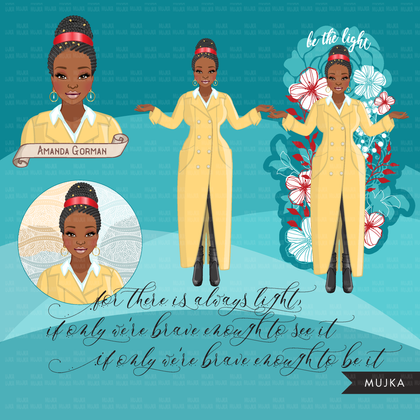 Amanda Gorman inauguration 2021 fashion clipart, be the light, black history figures graphics, PNG