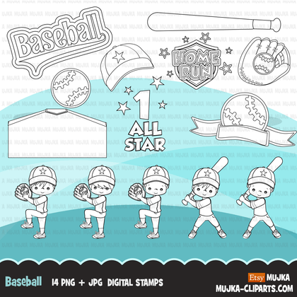Baseball Digital Stamps, Baseball boy players, Sports Graphics, B&W clip art outline, home run, all star, cap and bat