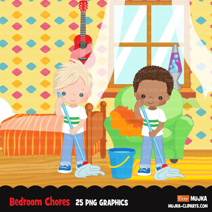 Chores Clipart, bedroom chores, cleaning room, children's room sublimation graphics, black boys PNG clip art