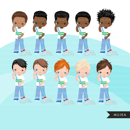 Chores Clipart, bedroom chores, cleaning room, children's room sublimation graphics, black boys PNG clip art