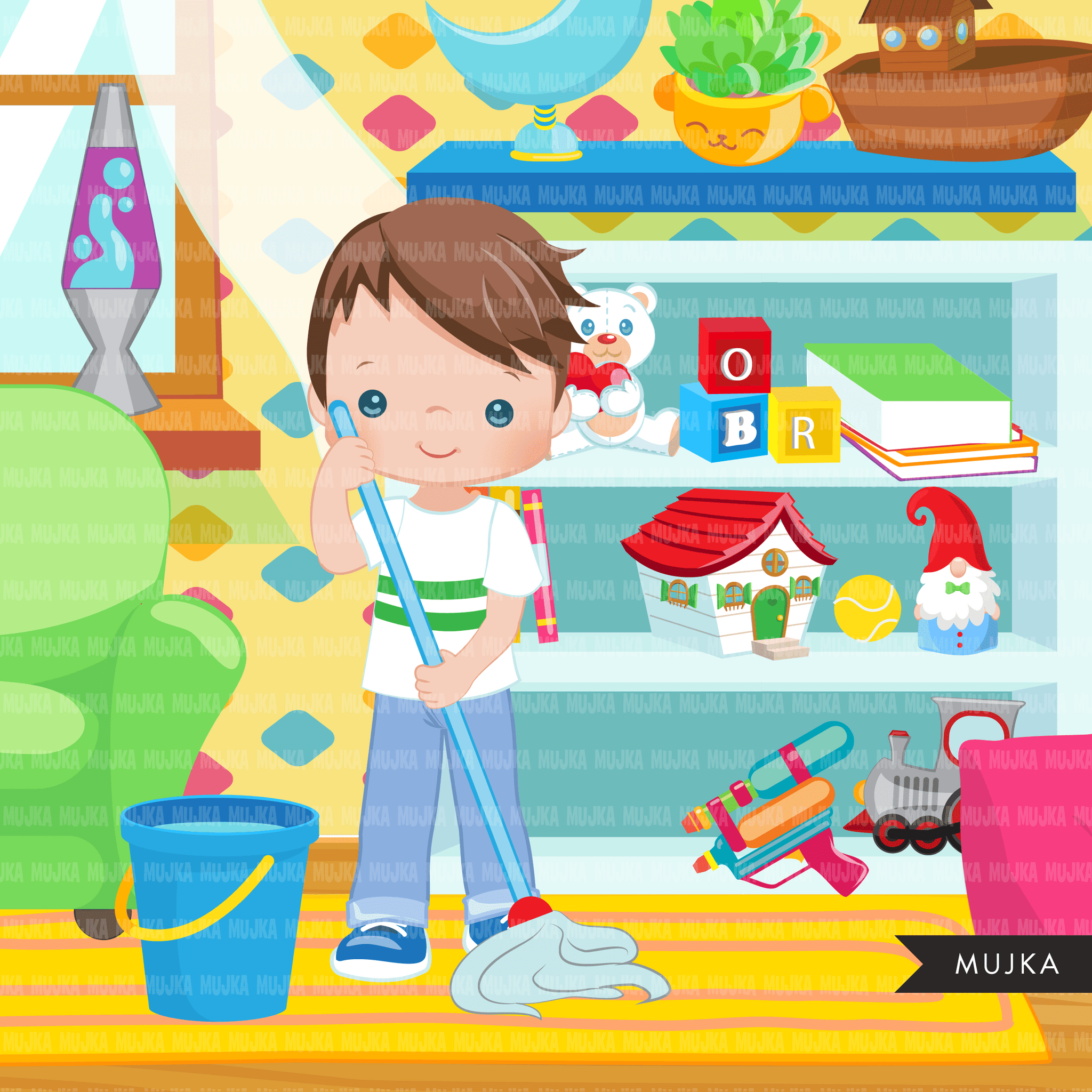 Chores Clipart, bedroom chores, cleaning room, children's room sublimation graphics, black boys PNG clip art