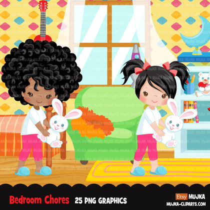 Chores Clipart, bedroom chores, cleaning room, children's room sublimation graphics, black girls PNG clip art