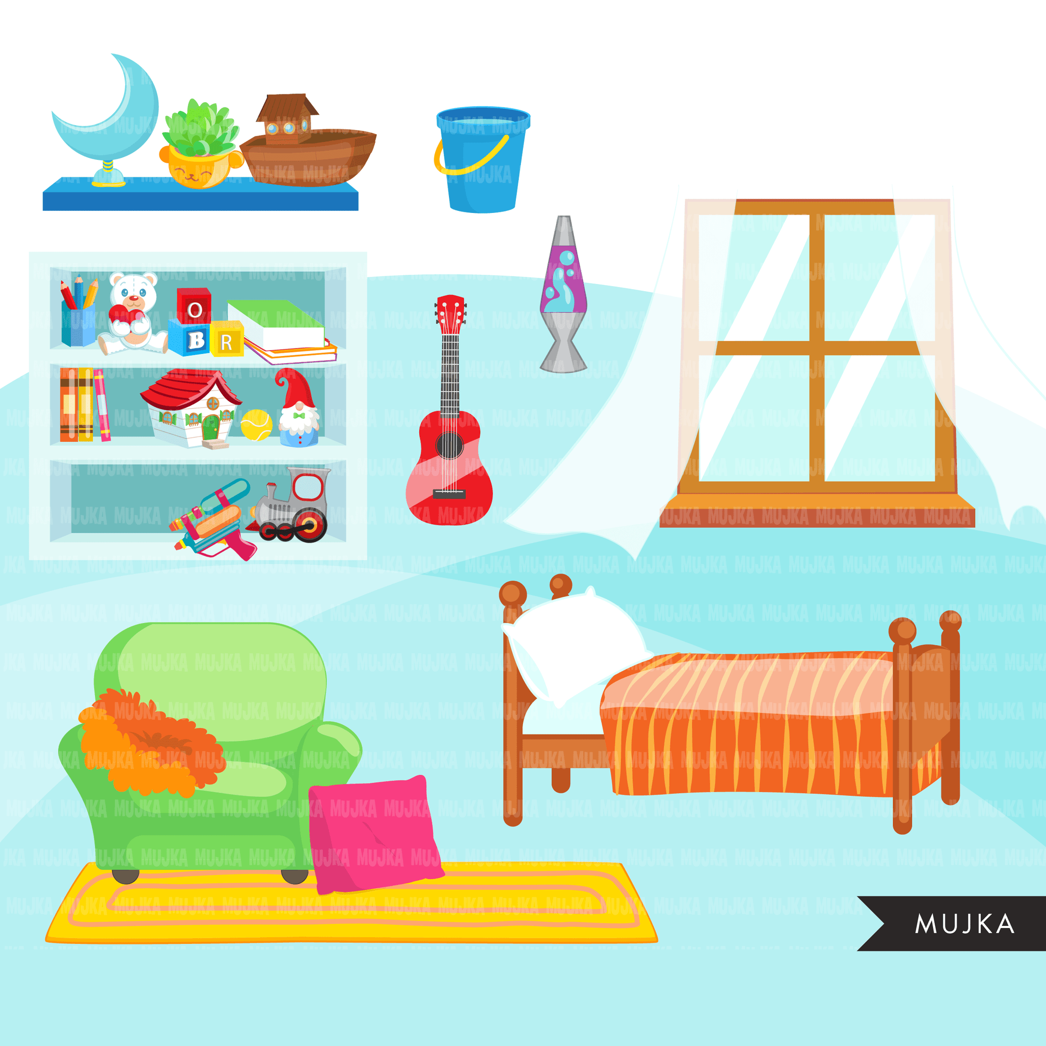 Chores Clipart, bedroom chores, cleaning room, children's room sublimation graphics, black girls PNG clip art