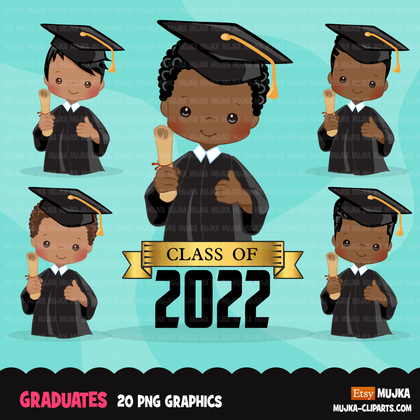 Graduation Clipart, black graduate boys with cape and scroll, school, student class of 2022 gold banner graphics, PNG clip art