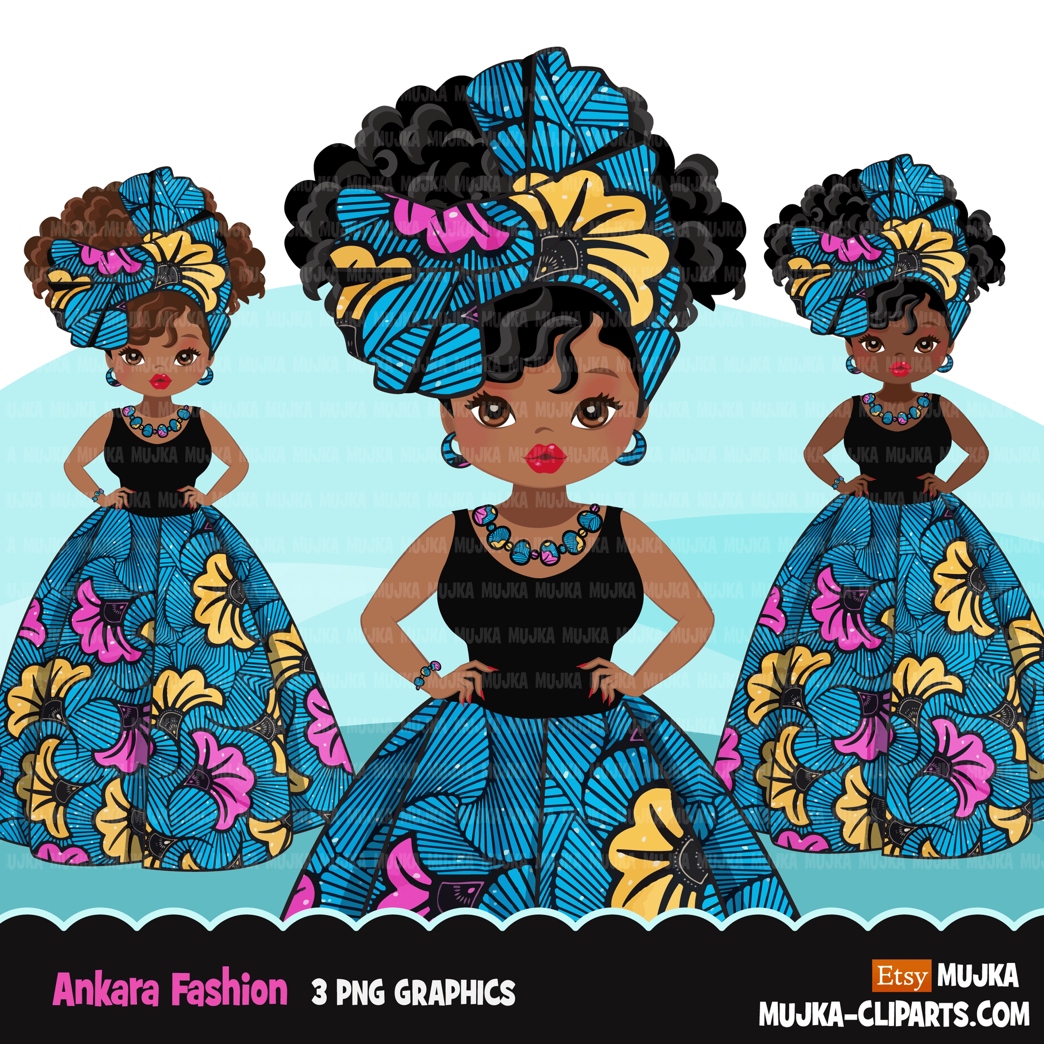 Black woman clipart avatar, Ankara flower print skirt, head wrap fashion graphics sorority afro girl clip art PNG