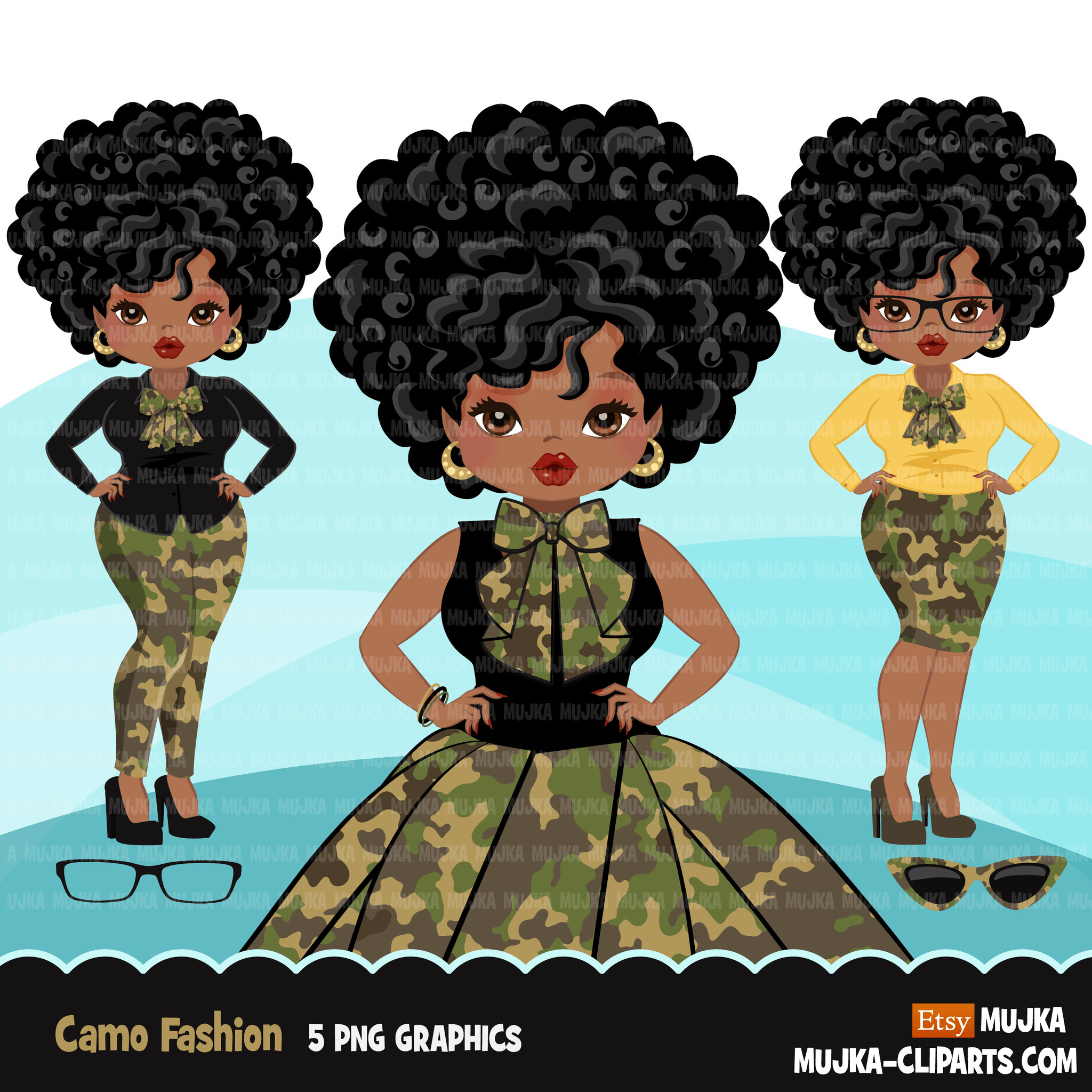 Avatar de imágenes prediseñadas de mujer negra, pajarita con estampado de camuflaje Ankara, pantalones y falda, gráficos de moda afro girl clip art PNG