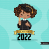Graduation Clipart, 2022 black graduate girls with cape and scroll, school, student class of 2022 gold banner graphics, PNG clip art