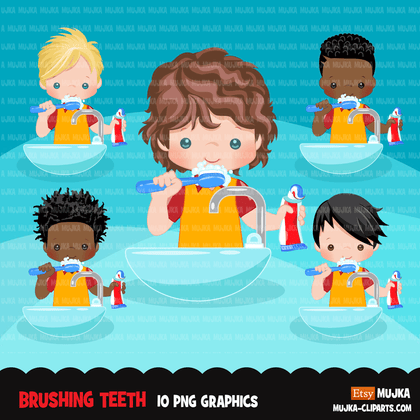 Brushing teeth Clipart, boys, bathroom chores, cleaning, hygiene, healthy life style PNG graphics