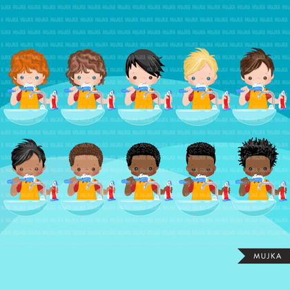 Brushing teeth Clipart, boys, bathroom chores, cleaning, hygiene, healthy life style PNG graphics