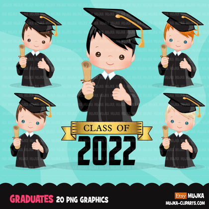 Graduation Clipart, 2022 cute graduate boys with cape and scroll, school, student class of 2022 gold banner graphics, PNG clip art