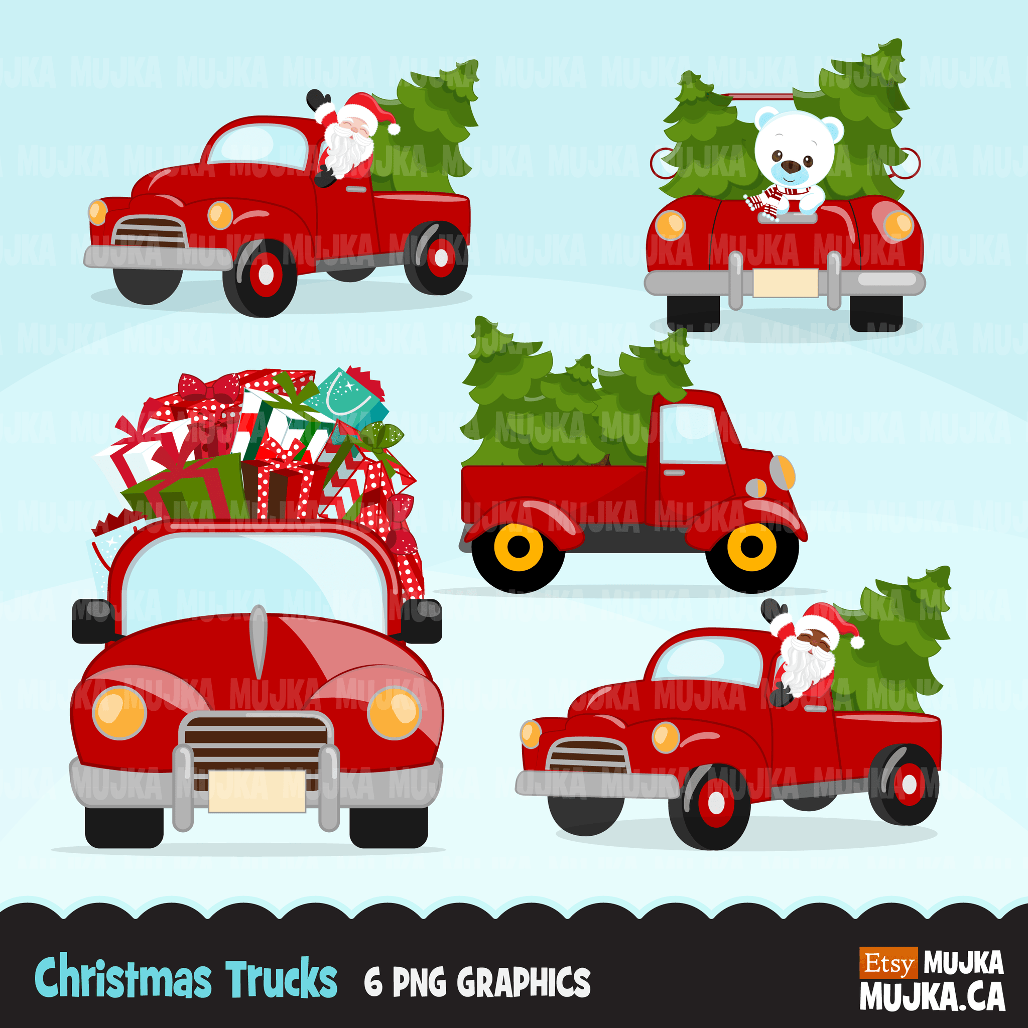 Christmas Trucks clipart, cute red barn trucks filled with Christmas trees, santa driving clip art