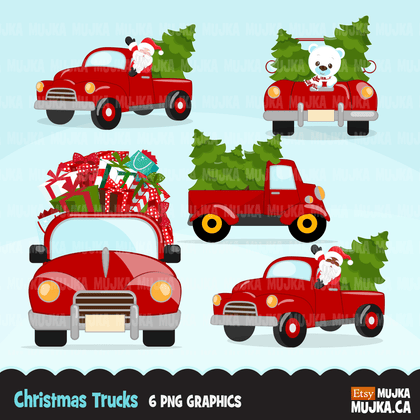 Christmas Trucks clipart, cute red barn trucks filled with Christmas trees, santa driving clip art