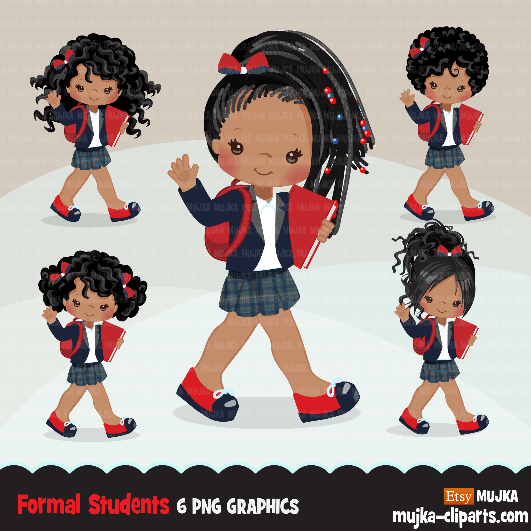 Formal black Student clipart, Black Back to School girl character graphics, clip art planner stickers, embroidery, activity, education, teaching