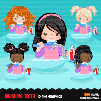 Brushing teeth Clipart, girls, bathroom chores, cleaning, hygiene, healthy life style PNG graphics