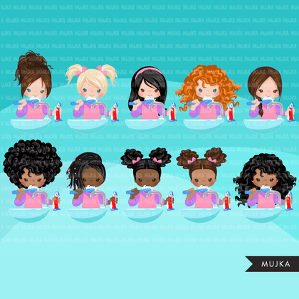 Brushing teeth Clipart, girls, bathroom chores, cleaning, hygiene, healthy life style PNG graphics