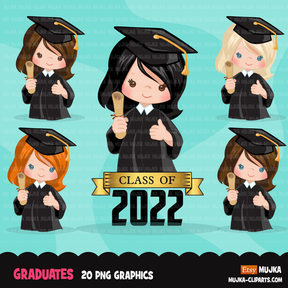 Graduation Clipart, 2022 cute graduate girls with cape and scroll, school, student class of 2022 gold banner graphics, PNG clip art