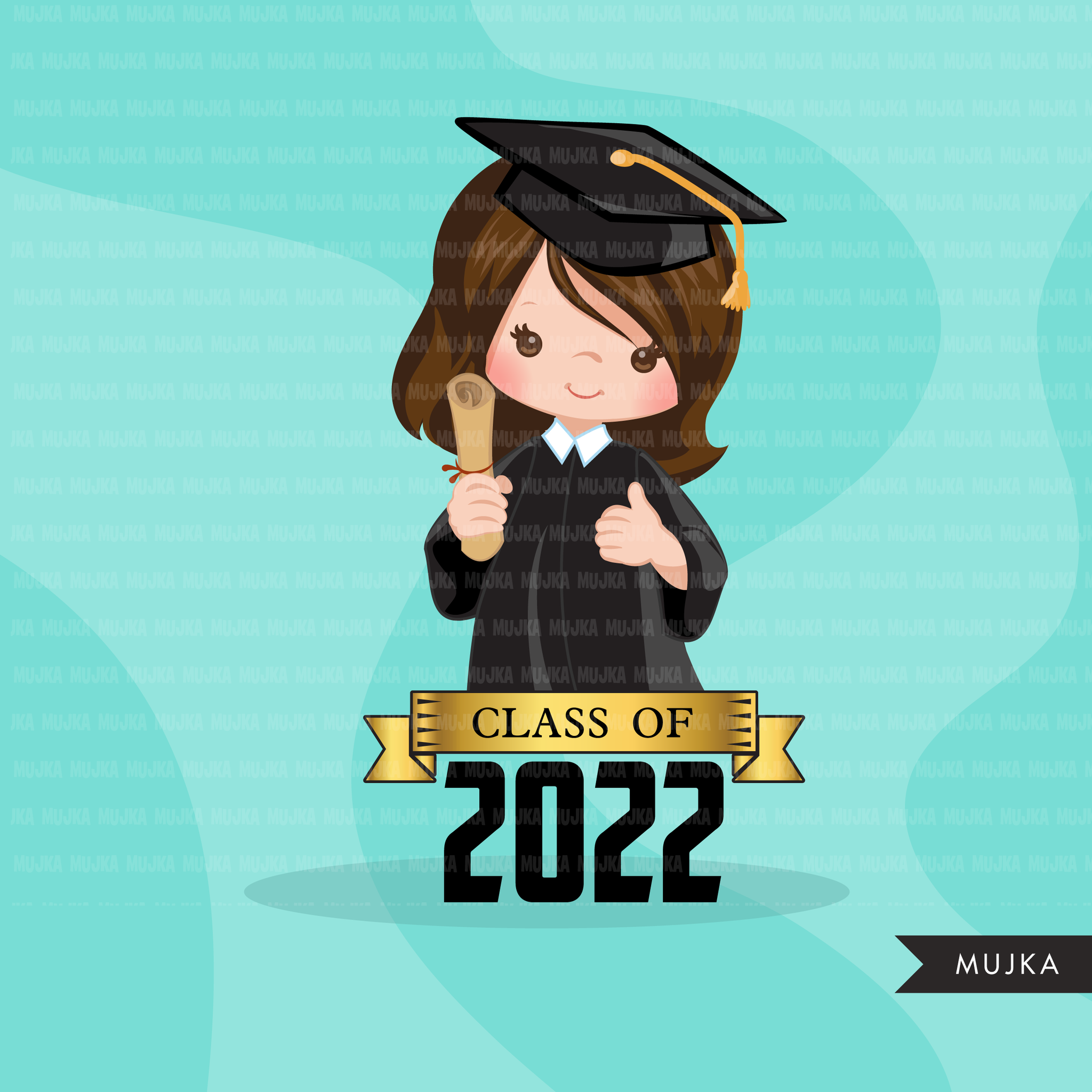 Graduation Clipart, 2022 cute graduate girls with cape and scroll, school, student class of 2022 gold banner graphics, PNG clip art