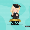 Graduation Clipart, 2022 cute graduate girls with cape and scroll, school, student class of 2022 gold banner graphics, PNG clip art