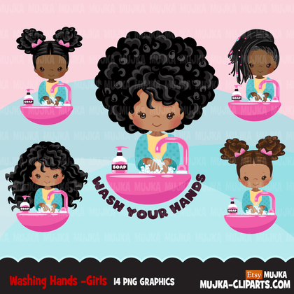 Hand washing Clipart, black girls, hand sanitizer, bathroom chores, cleaning, covid 19, corona virus, social distancing graphics