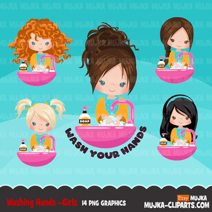 Hand washing Clipart, girls, hand sanitizer, bathroom chores, cleaning, covid 19, corona virus, social distancing graphics