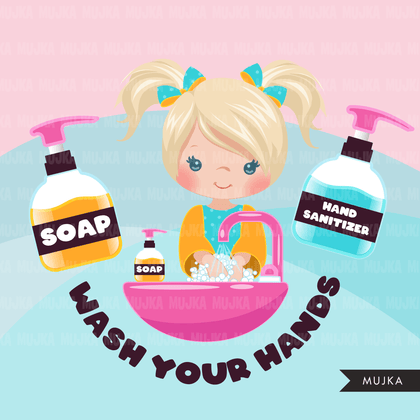 Hand washing Clipart, girls, hand sanitizer, bathroom chores, cleaning, covid 19, corona virus, social distancing graphics