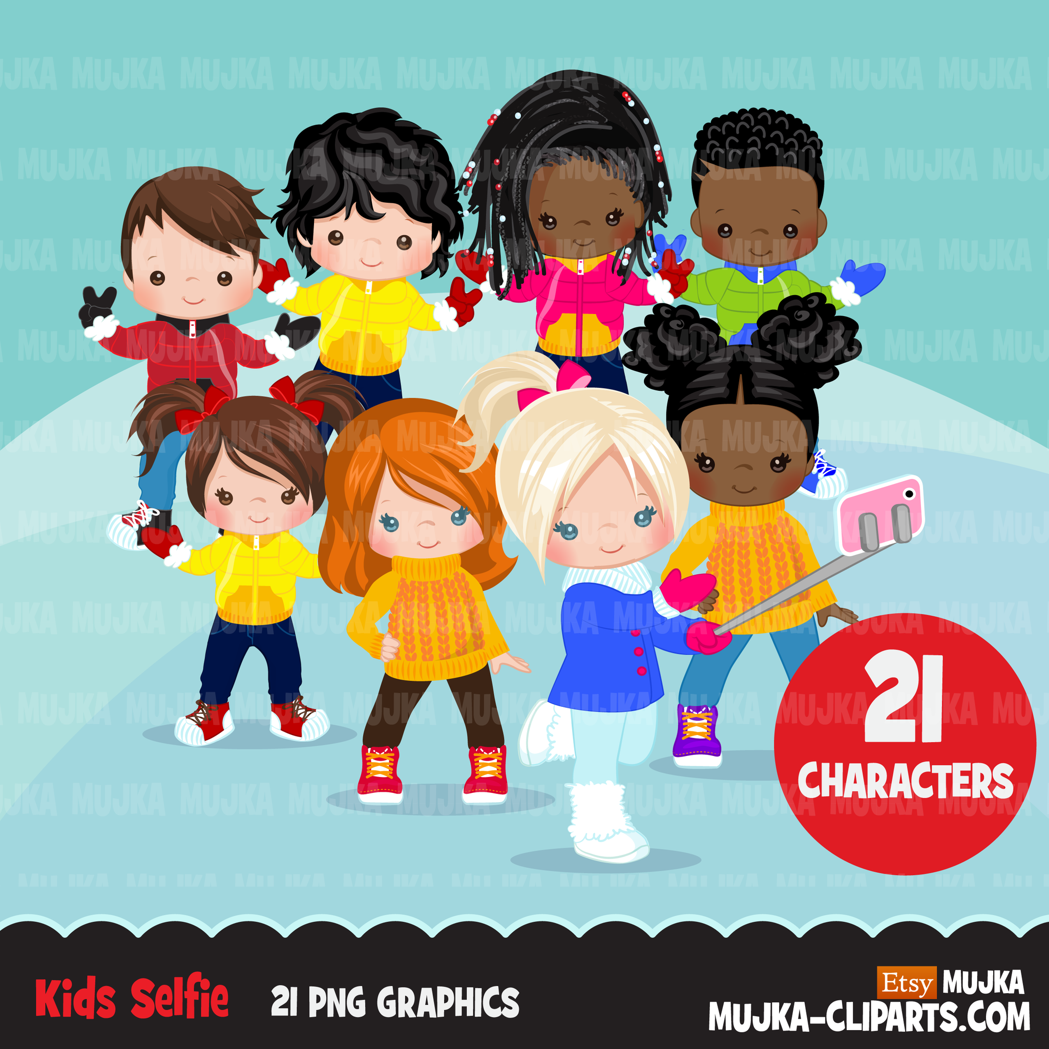 Selfie Clipart, winter selfie graphics, kids, kids with cellphone, Christmas graphics, Holiday characters, png sublimation clip art