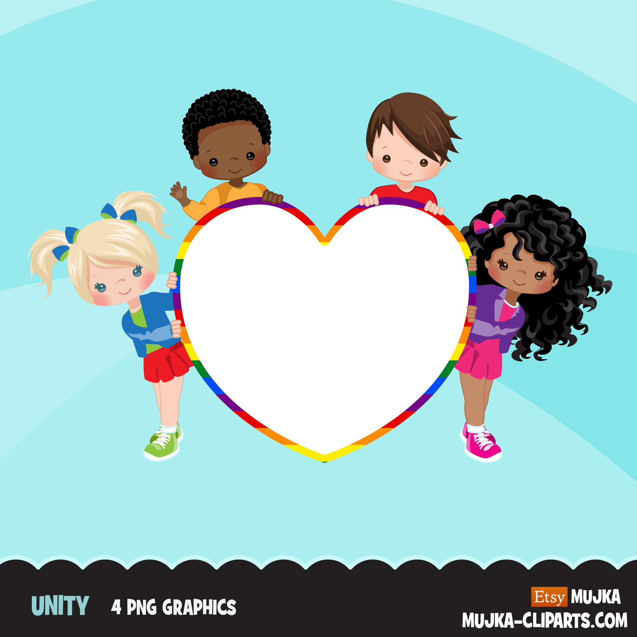 Free Unity clipart, Brothers and sisters, heart shape globe rainbow digital PNG