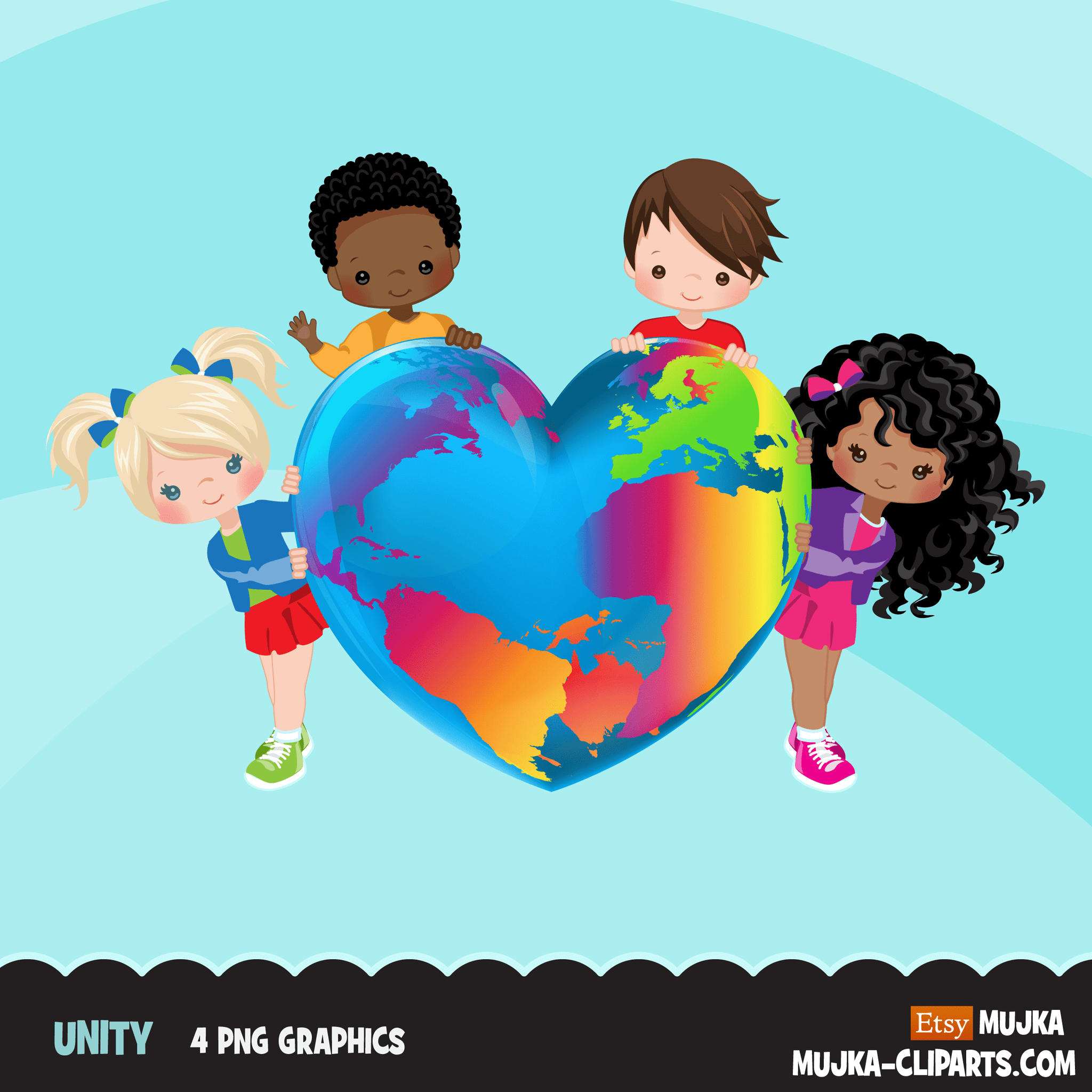 Free Unity clipart, Brothers and sisters, heart shape globe rainbow digital PNG