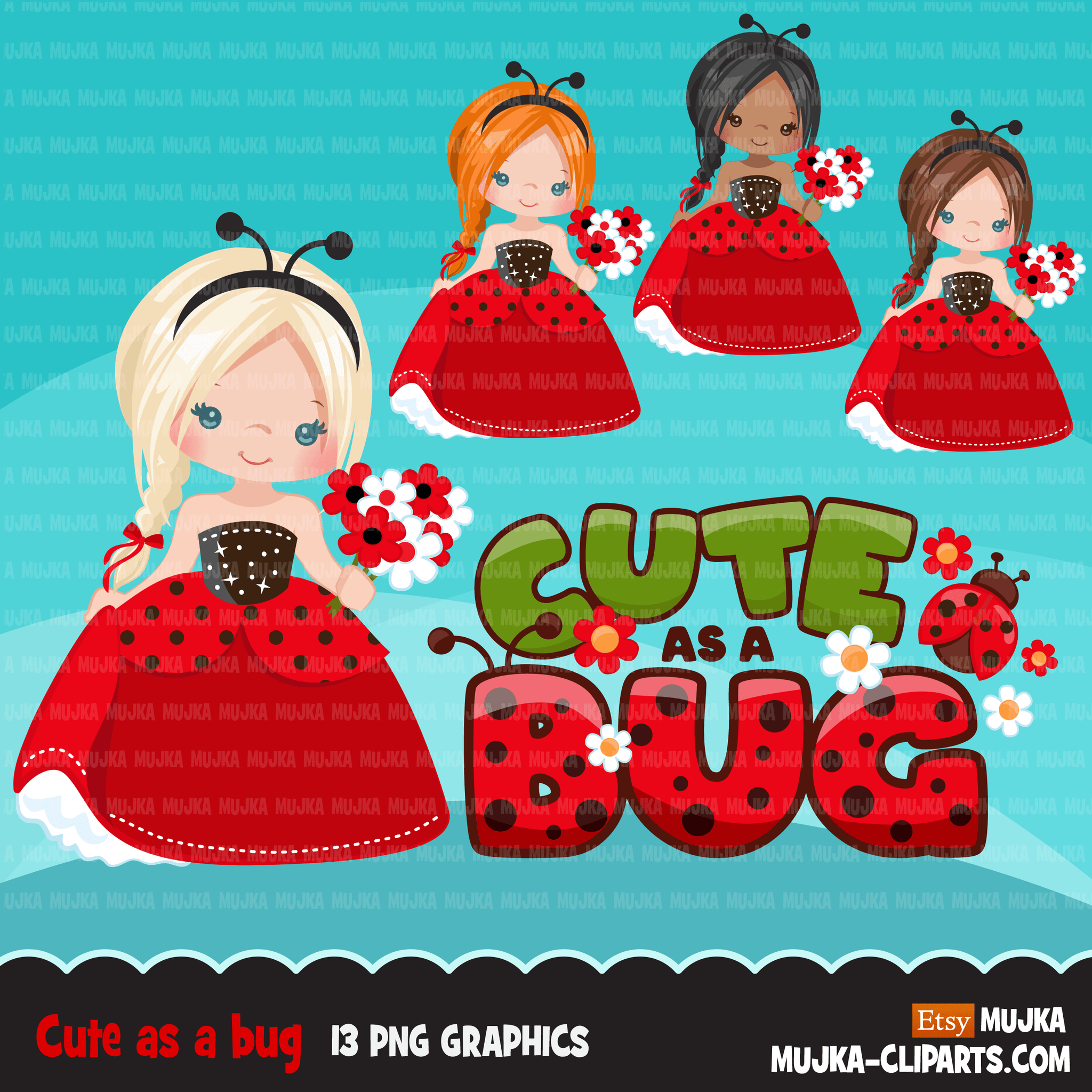 Ladybug Clipart, cute Princess, fairy tale graphics, Easter girls with flowers, cute as a bug, commercial use clip art