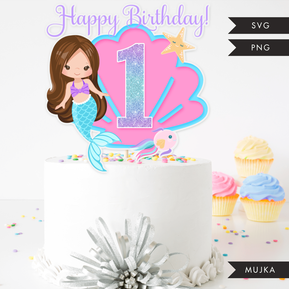 Mermaid Birthday Numbers Cake toppers SVG, PNG cutting files and clipart. Brunette Rainbow mermaid graphics for Cricut, Silhouette