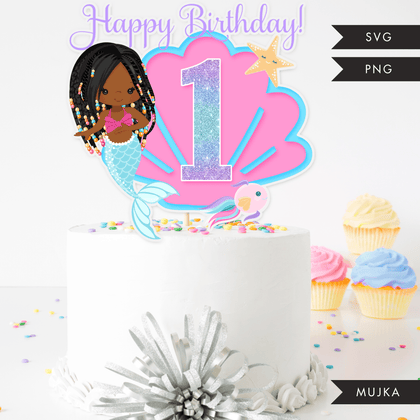 Mermaid Birthday Numbers Cake toppers SVG, PNG cutting files and clipart. Black braids Rainbow mermaid graphics for Cricut, Silhouette